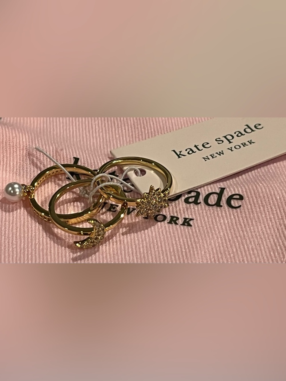 Kate Spade Gold Tone Stackable Ring Set Pearl and Crystal Accents Star Moon New